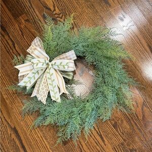 Green Cedar Holiday Wreath with Cream-Striped Bow